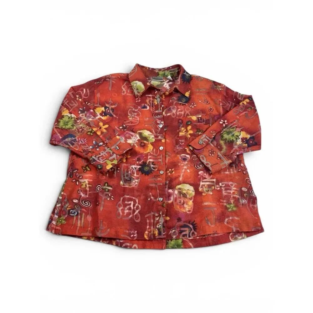 Chicos Linen Blend Button Down Shirt Asian Abstract Print Lightweight Top 2 L
